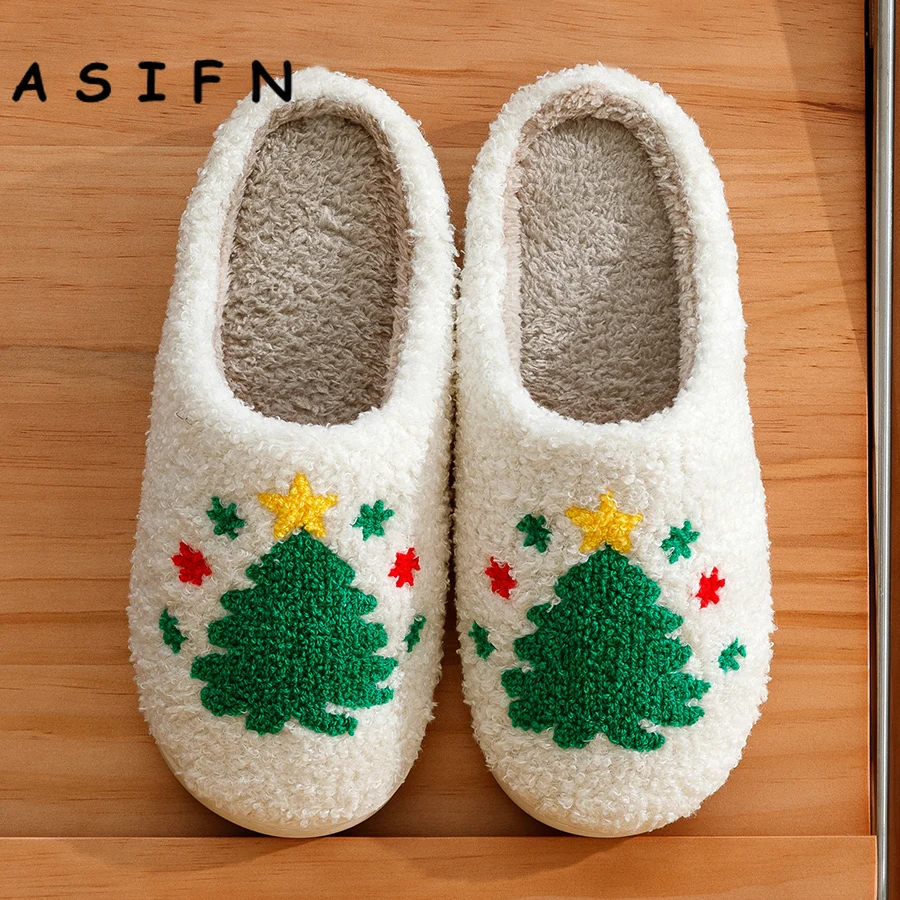 Christmas Tree Winter Fuzzy Slippers Women Comfy Soft Flat Slip-on Indoor Warm Leisure Cute Shoes Christmas Party HouseShoes