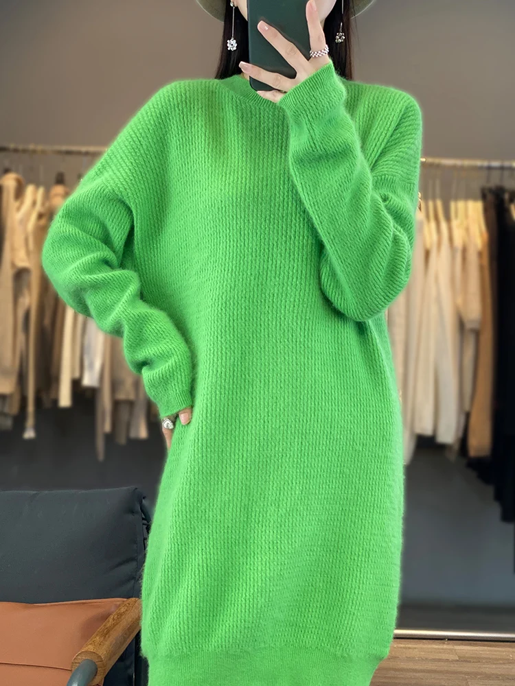 Aliselect Women 100% Mink Cashmere Knitted Dress Spring Winter Autumn O-Neck Sweater Female Dresses Hot Sale Long Style Jumpers