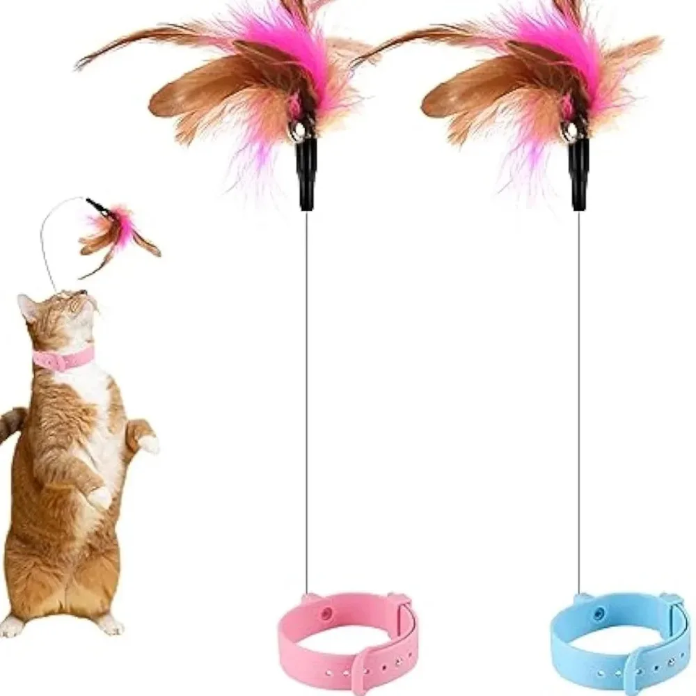 Collar de gato de juguete de silicona adjunta, divertido palo de rompecabezas de plumas, Collar ajustable, juguetes con campana, juguetes interactivos para gatos