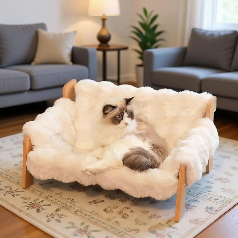 

Elevated Cat Couch Bed, Wooden Cat Sofa with Removable Washable Fluffy Cover, Raised Kitty Lounge Chair Suitable for Puppy (Off-