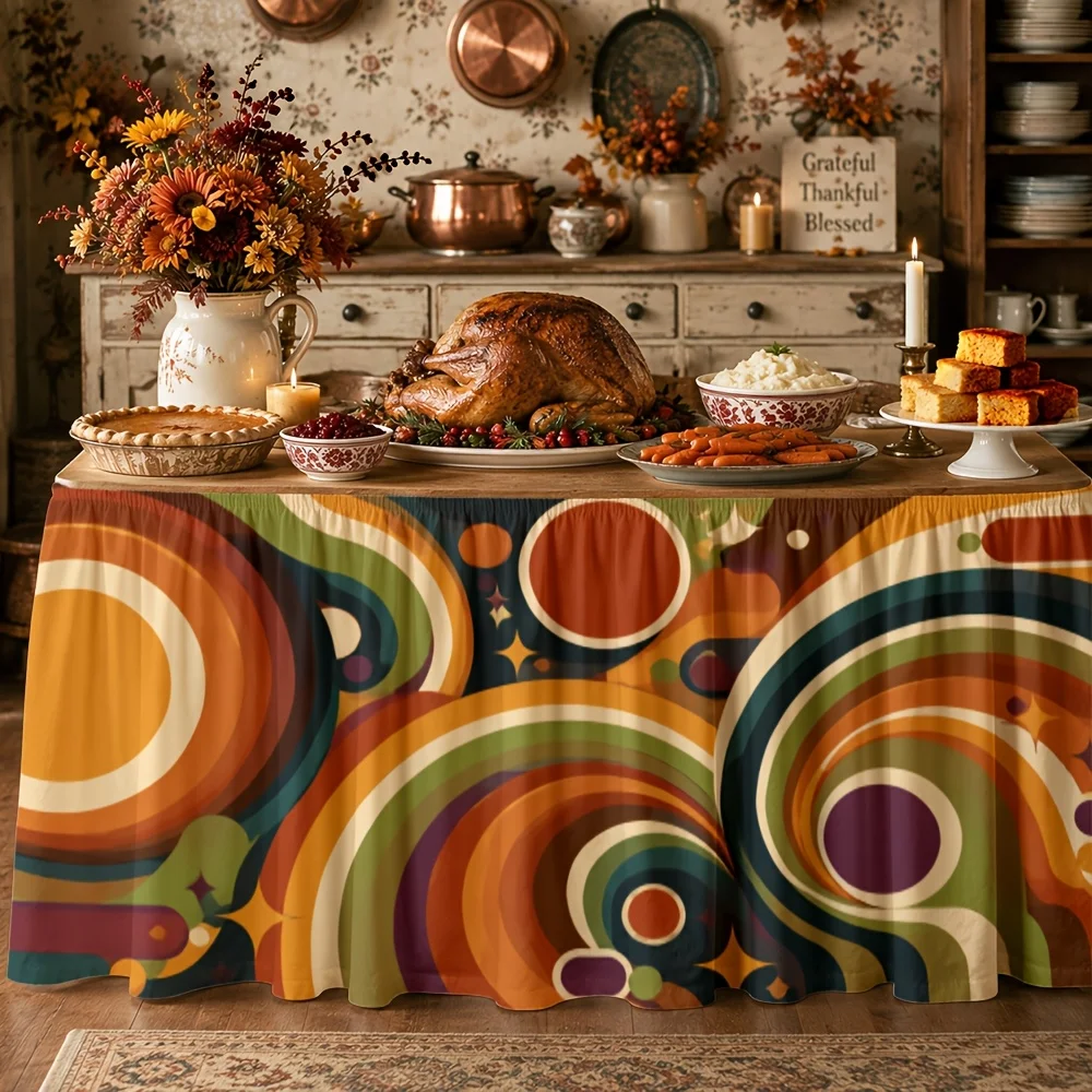 Tablecloth/tablecloth skirt 1 piece, with a retro vortex pattern made of polyester material.