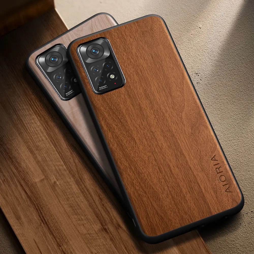Für Xiaomi Redmi Note 11 10 Pro Plus Max 11S 10S Hülle, schlichte, stilvolle Holzmuster-PU-Leder-Handyhülle, Coque