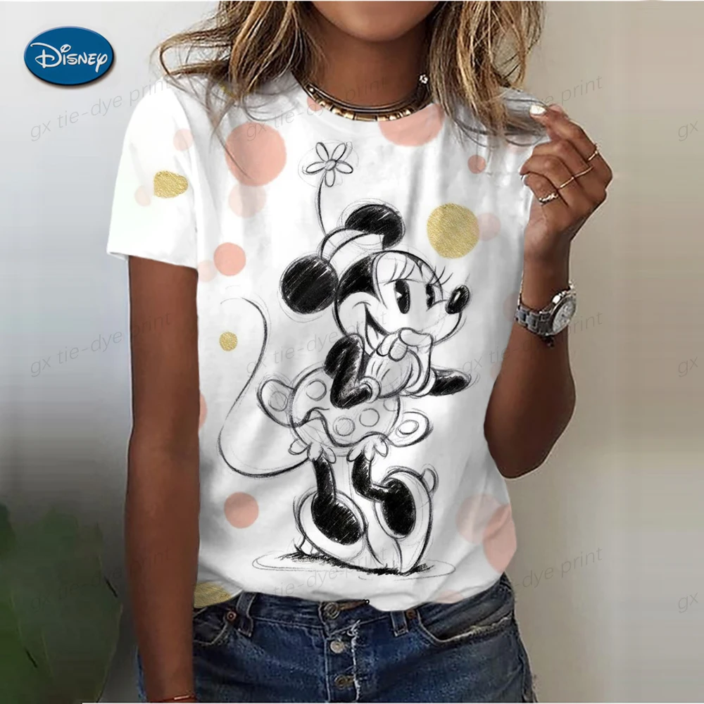 

Милая женская футболка с принтом Микки Мауса Disney, летняя рубашка, модные женские блузки, 2025 г., женская одежда с 3D мультяшным Минни