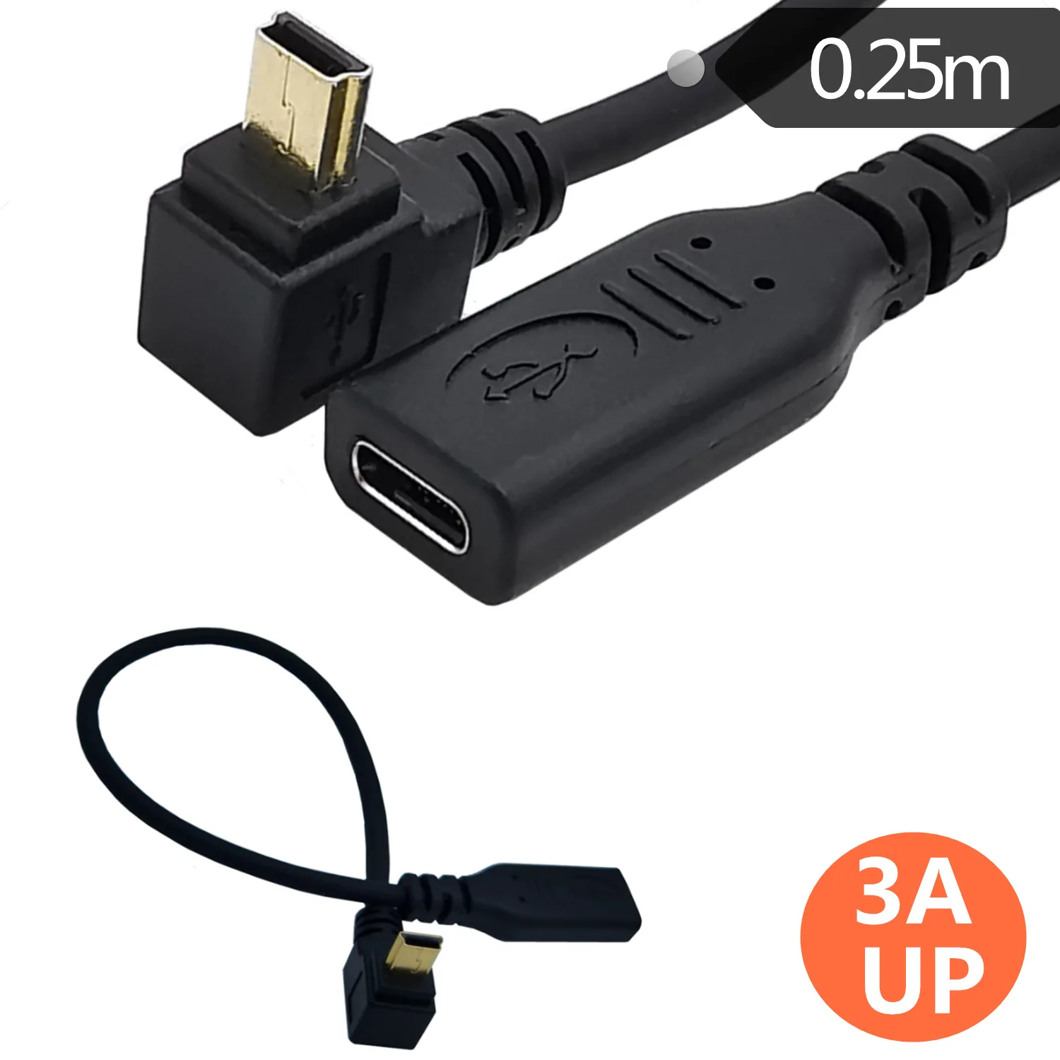 Gold-Plated 3A USB Type C To Mini USB  90 degree USB-C Female To Mini USB Male 25cm Cable