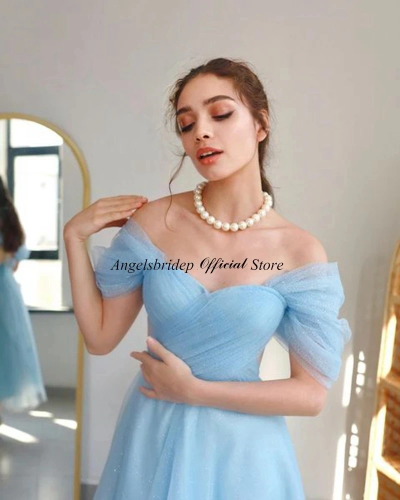 

Angelsbridep Light Blue Prom Dresses Tulle A-Line Pleats Vestido De Festas Longo Casamento Long Party Dresses Vestidos De Noche