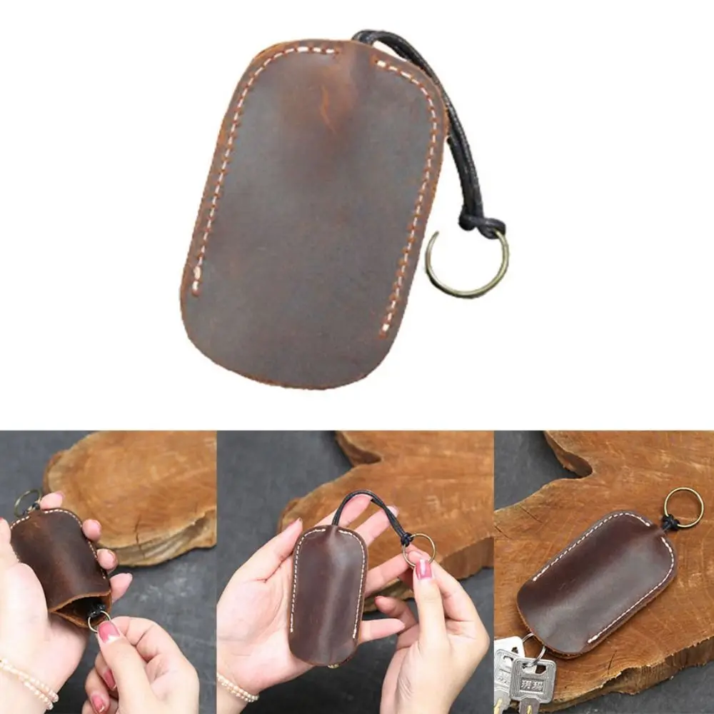 

Creative Crazy Horse Leather Key Sleeve Portable Retractable Car Keychain Holder Durable Pull Rope Retro Key Case Men