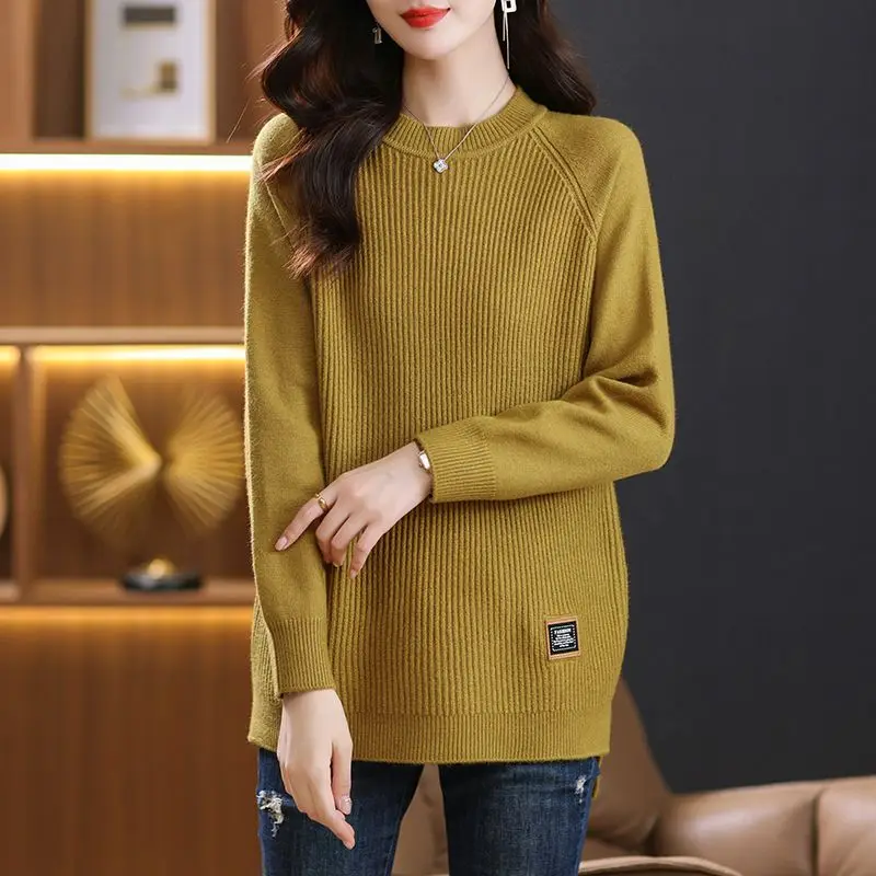 Wersja koreańska Sweter damski 2024 Splicing Pullovers O-Neck Screw Thread Fashion Solid Loose Casual Long Sleeved Knitted Top