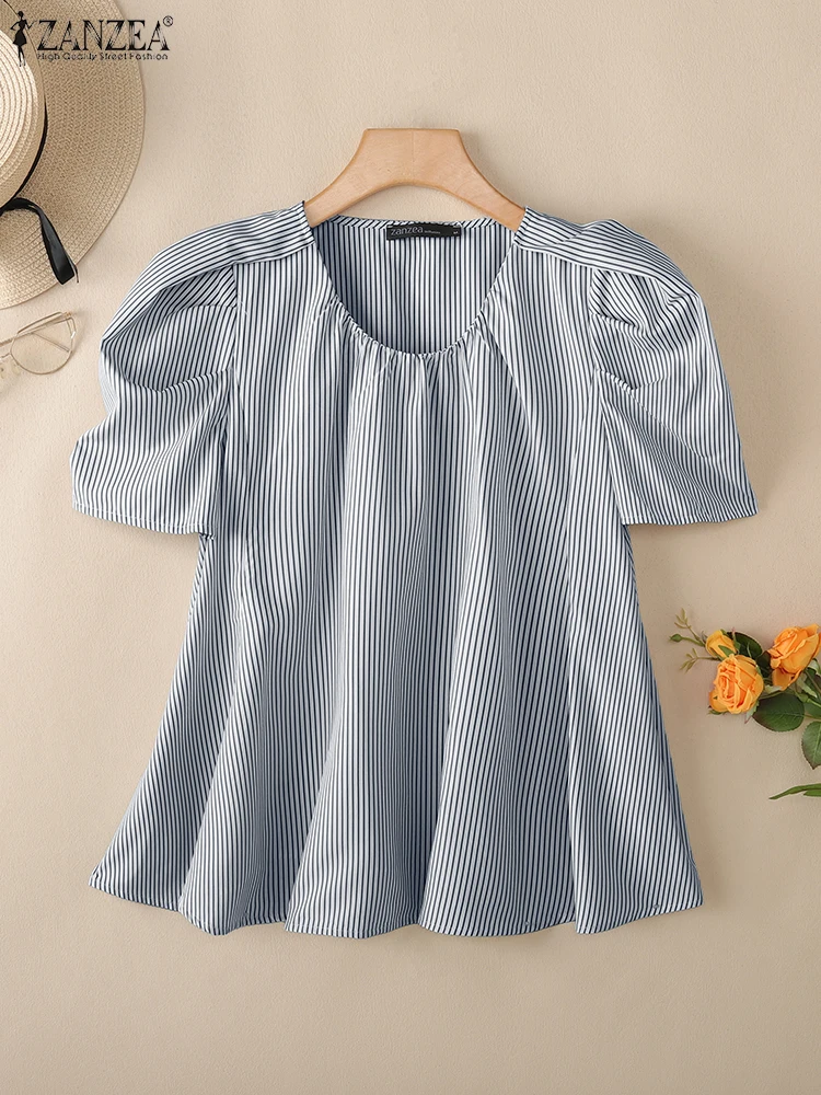

ZANZEA Fashion Pleated Striped Blouses Women 2025 Summer Short Puff Sleeve O-Neck Blusas Mujer Elegant Chic Streetwear Tops