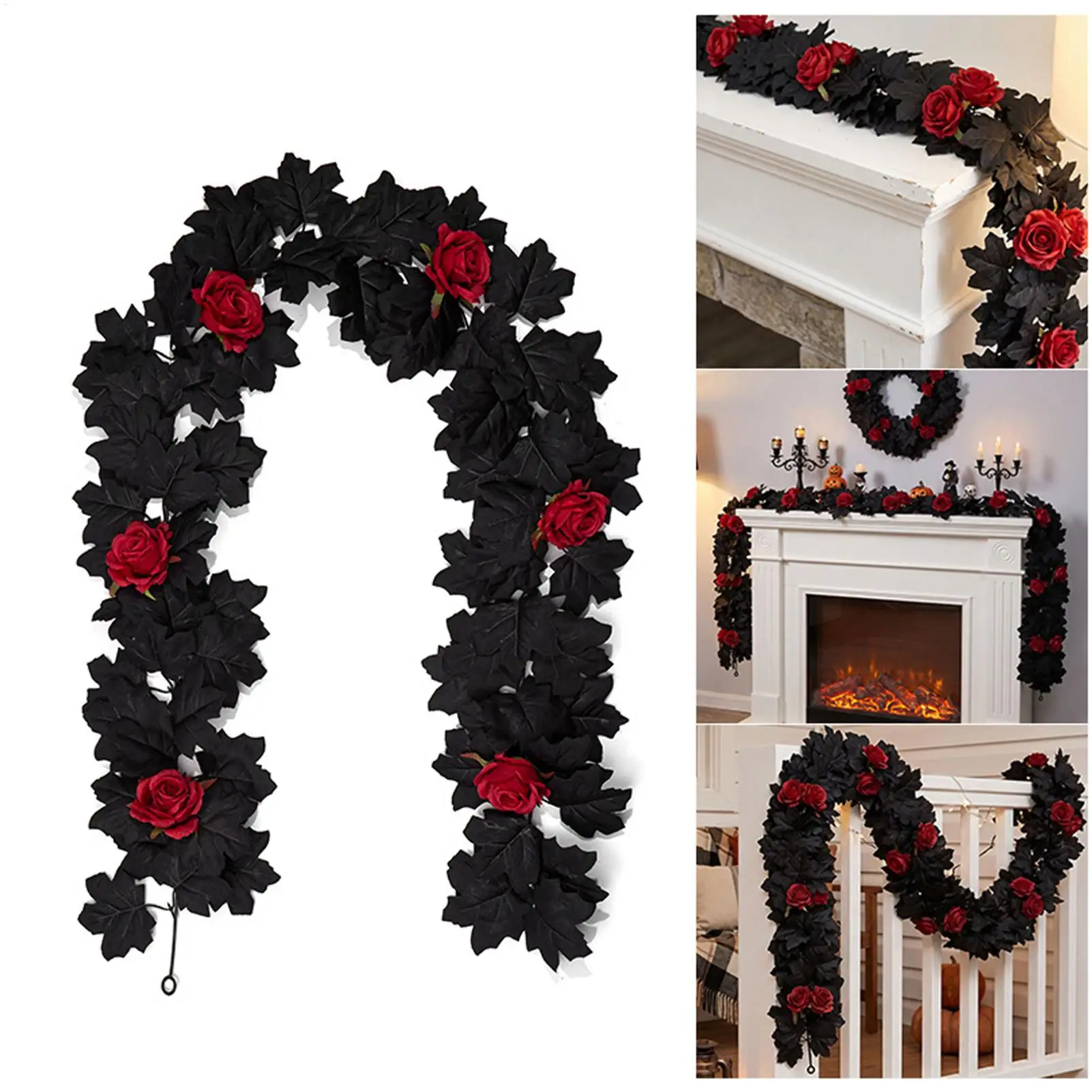 175CM Halloween Flower Garland Home Pendant Artificial Maple Leaves & Rose Vines, Party Decor for Wall Front Door Mantel Tree