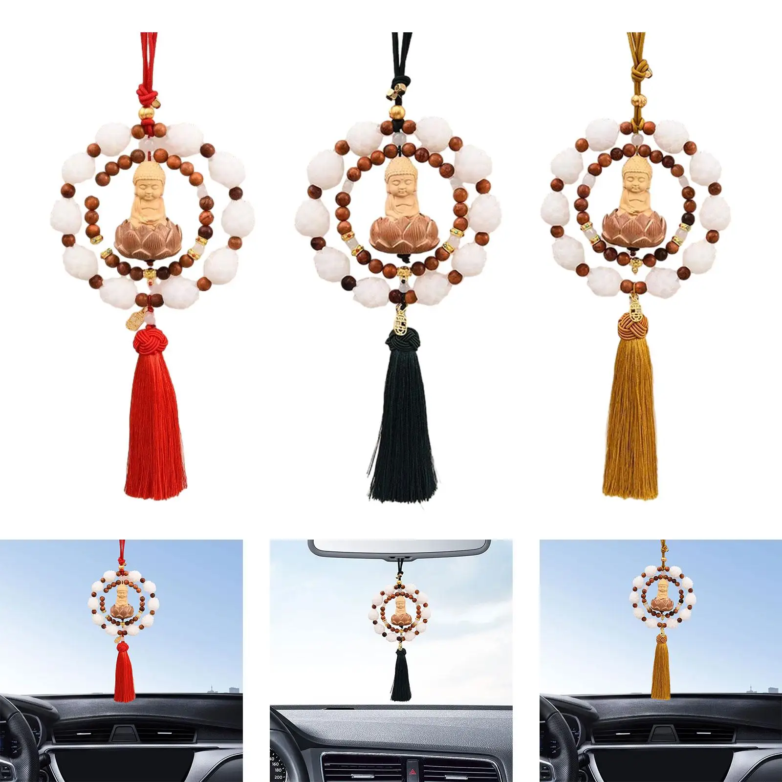Car Rearview Mirror Pendant Wood Buddha Statue Feng Shui Tassel Dangling Ornament Interior Decor Gift