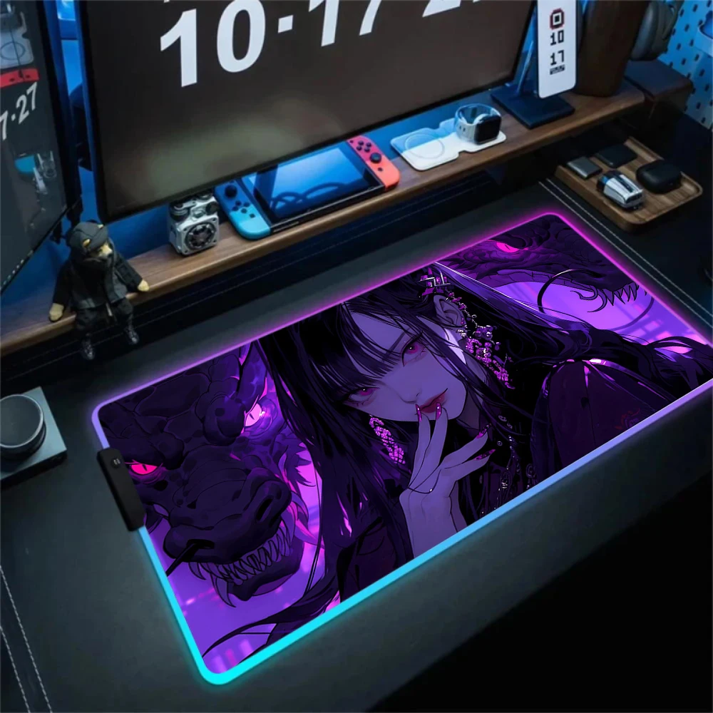 Anime Girl Mousepad Gaming Mouse Pad Gamer RGB Computer Mousepad Keyboard Desk Mat Purple Mause Mats LED Desk Mat With Backlit