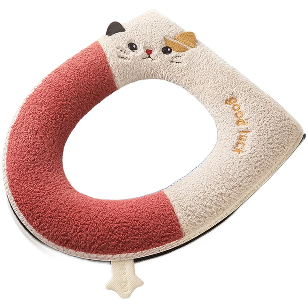 Plush Soft Toilet Seat Cover with Convenient Zipper Pull Handle Embroidered Animal Design for Standard Toilets 37x43cm