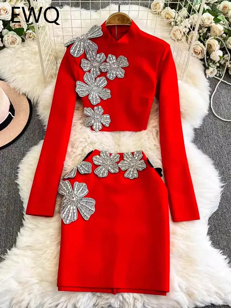 EWQ New Fashion Diamond Flower Two-piece Set Women's 2024 Autumn New Stand Collar Long Sleeves Tops With Short Slirt 27X1892