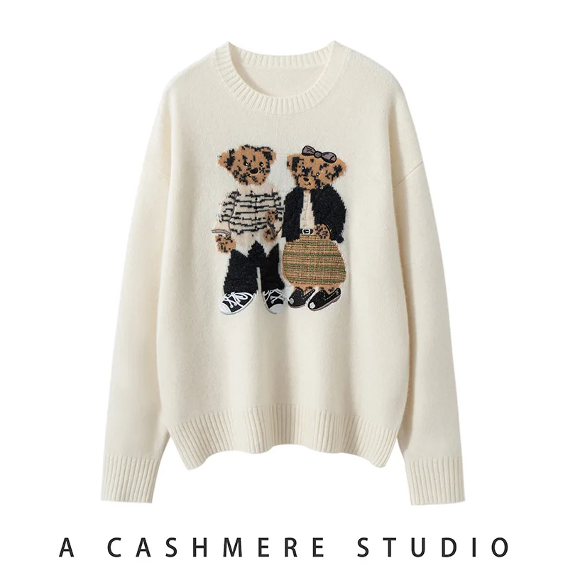 Spring Autumn Winter Women's O-neck Cashmere Pullovers Sweater 100% Cashmere Knitwear Bear Pattern Soft Grace Long Sleeve Tops