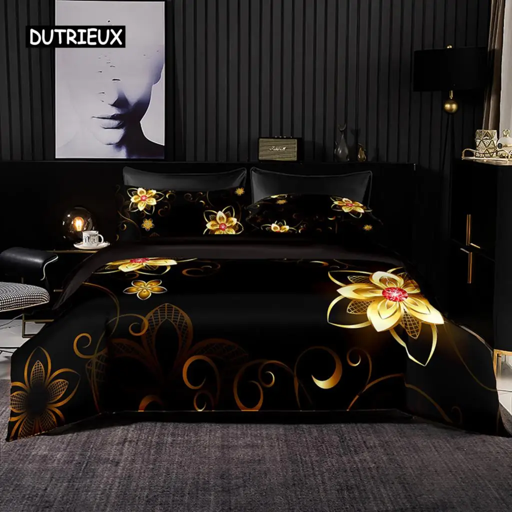 

Duvet Cover Textured Black Gold Floral Pattern Bedding Pillowcases For Premium Black Adults Men Women Gifts Bedroom Decoration