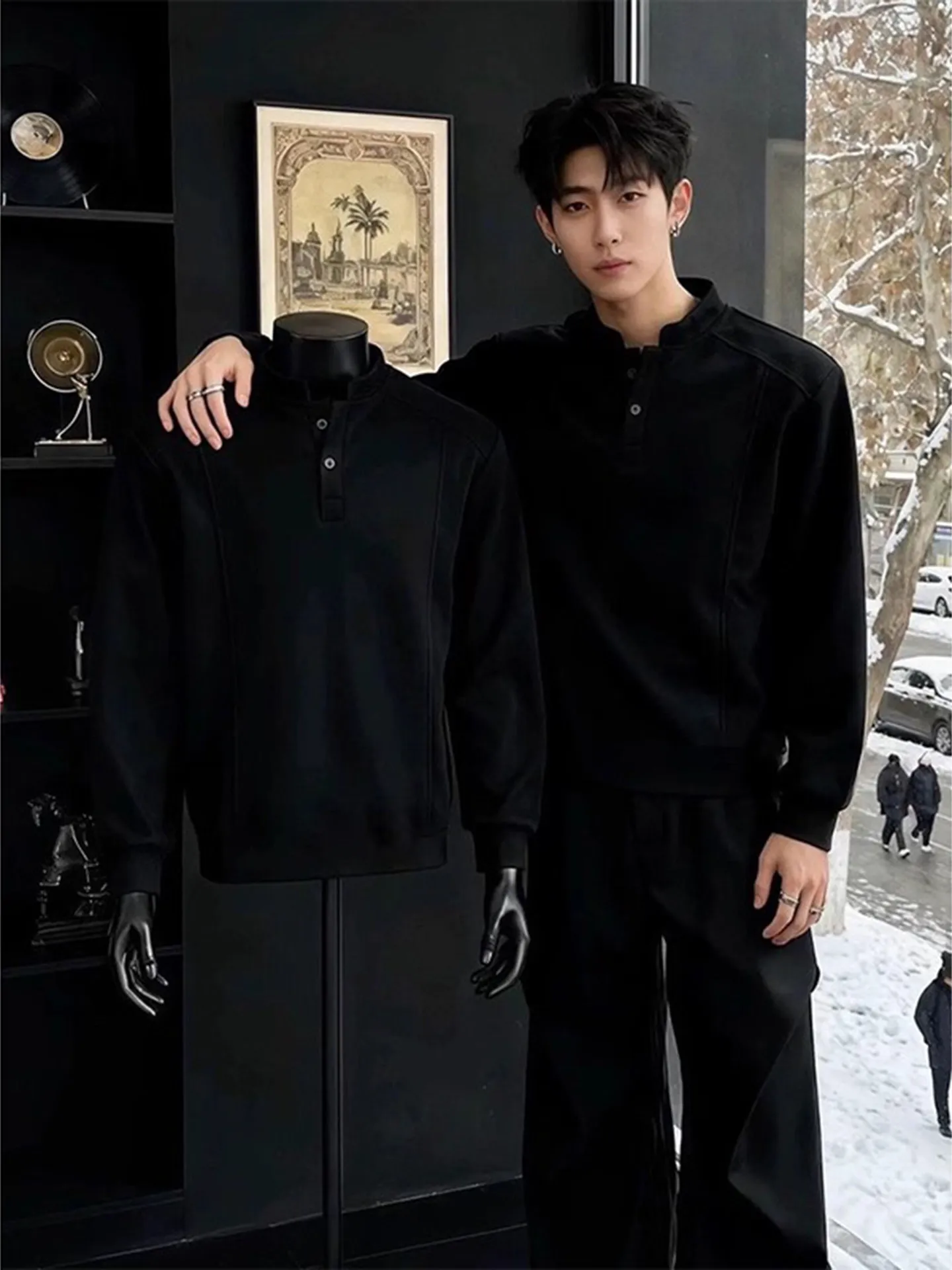 Black Long Sleeve Hoodie Men's Spring Autumn New Style Trendy American Shoulder High End Versatile Base Shirt Henry Collar