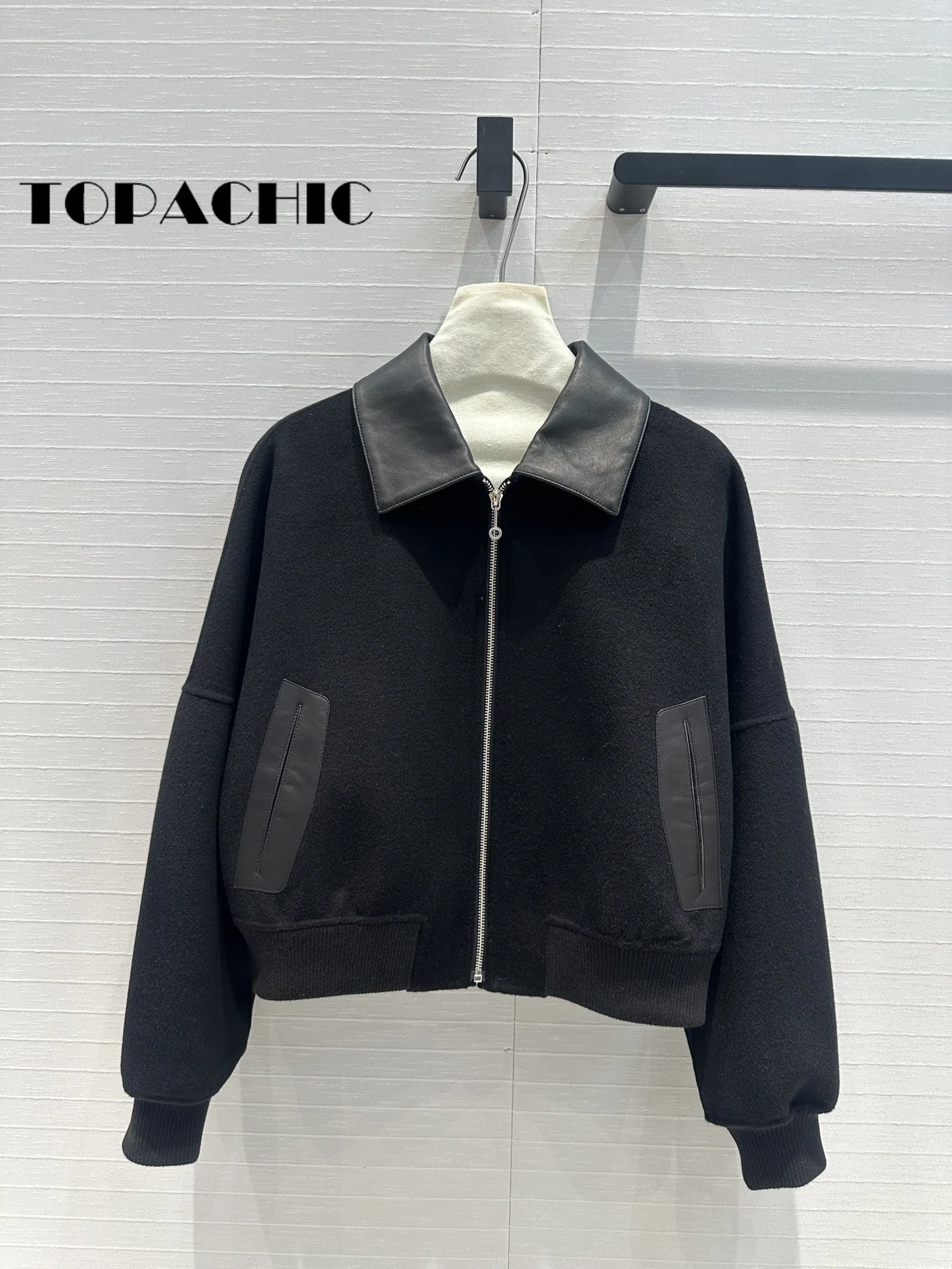 8.21 TOPACHIC- Women\'s Lapel Spliced Leather Pocket Zipper Loose Jacket Soft Comfortable Double-Sided Wool Cashmere Short Coat