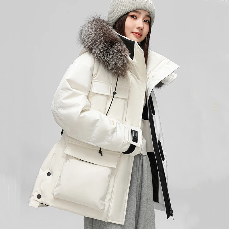 الأبيض بطة أسفل المرأة مقنعين الدافئة الثعلب الفراء طوق المرأة أسفل سترة 2025 شتاء جديد جودة عالية أسفل سترة موضة باركر H764 #3
