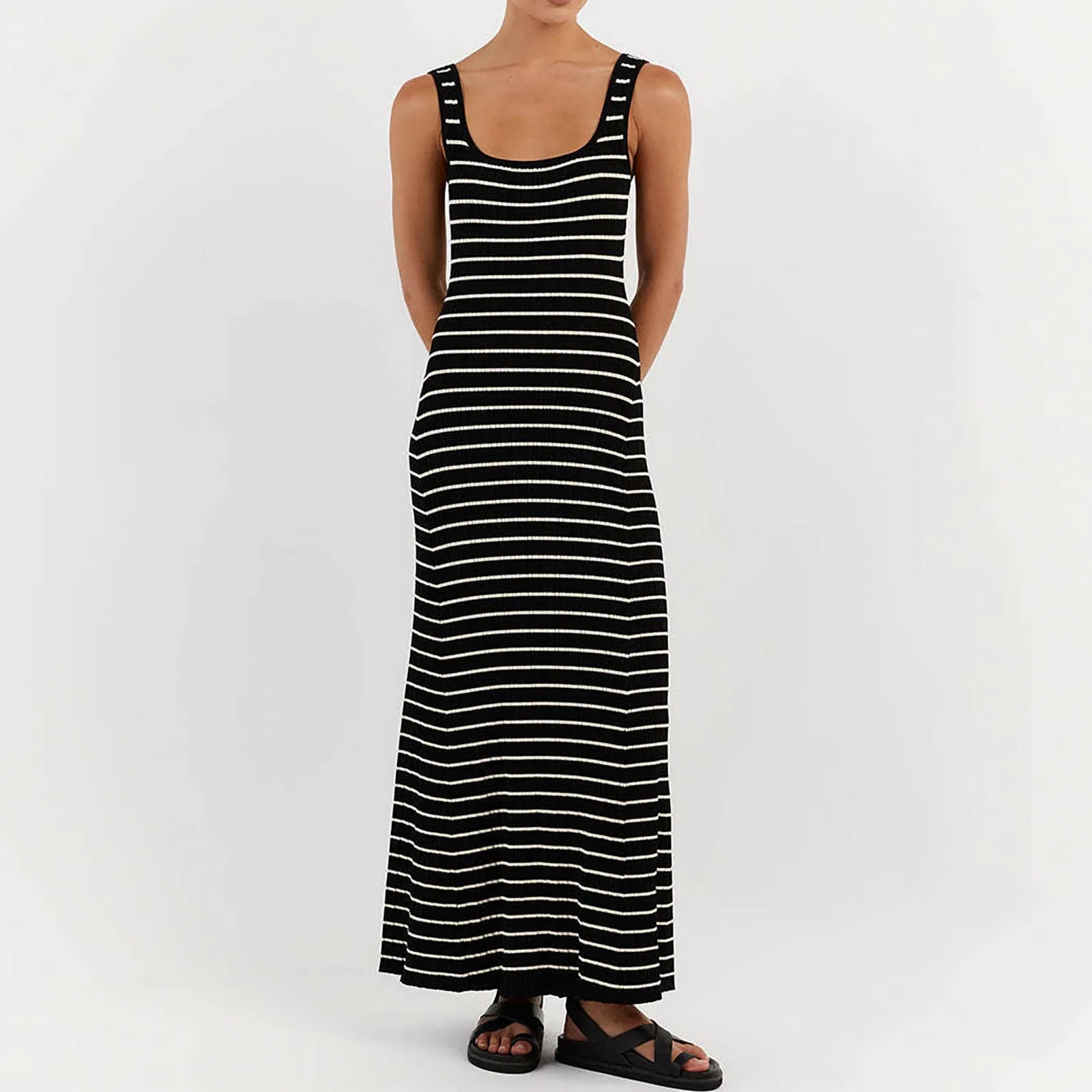 

Vantage Striped Knitted Vest Dress for Women Square Collar Sleeveless Slim Fit Dresses Fashionable Casual Long Maxi Dress