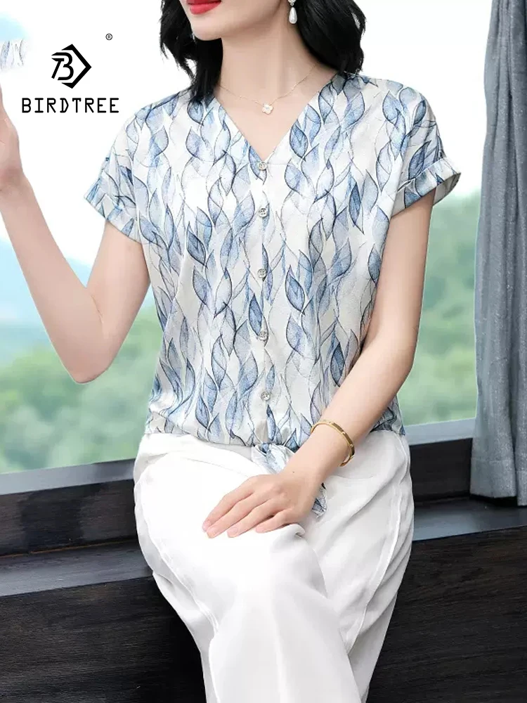 

BirdTree, 91.8% Real Silk Elegant Shirts, Women's Short Sleeve Printed, Mom Age Reduction Commute Blouses, 2024 Summer T444131QC