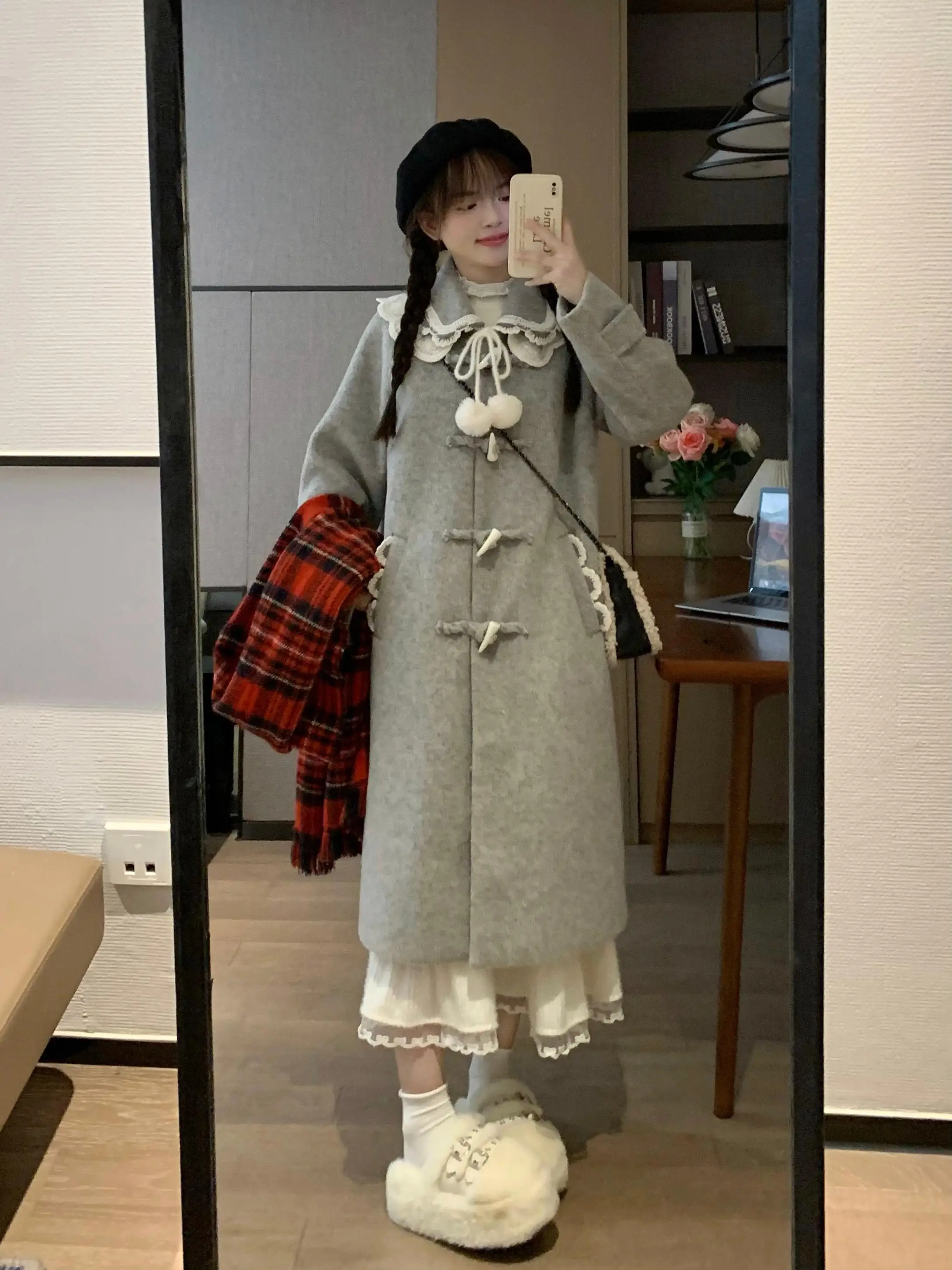 

Sweet Endl Autumn Winter Thiened Mid-Length ey Woolen Coat Floral Lace Collar Design Versatile Women's Outerwear