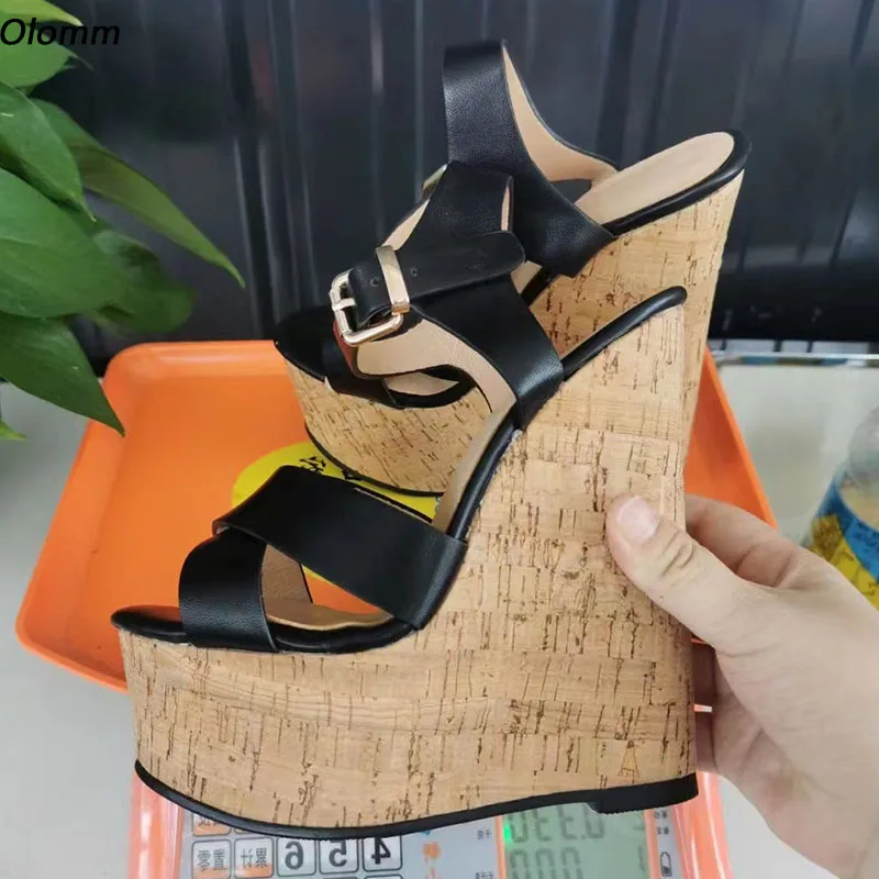 Olomm, sandalias de verano hechas a mano para mujer, cuñas con correa y hebilla, tacones altos, punta abierta, zapatos informales negros elegantes, talla grande 5-20 de EE. UU.