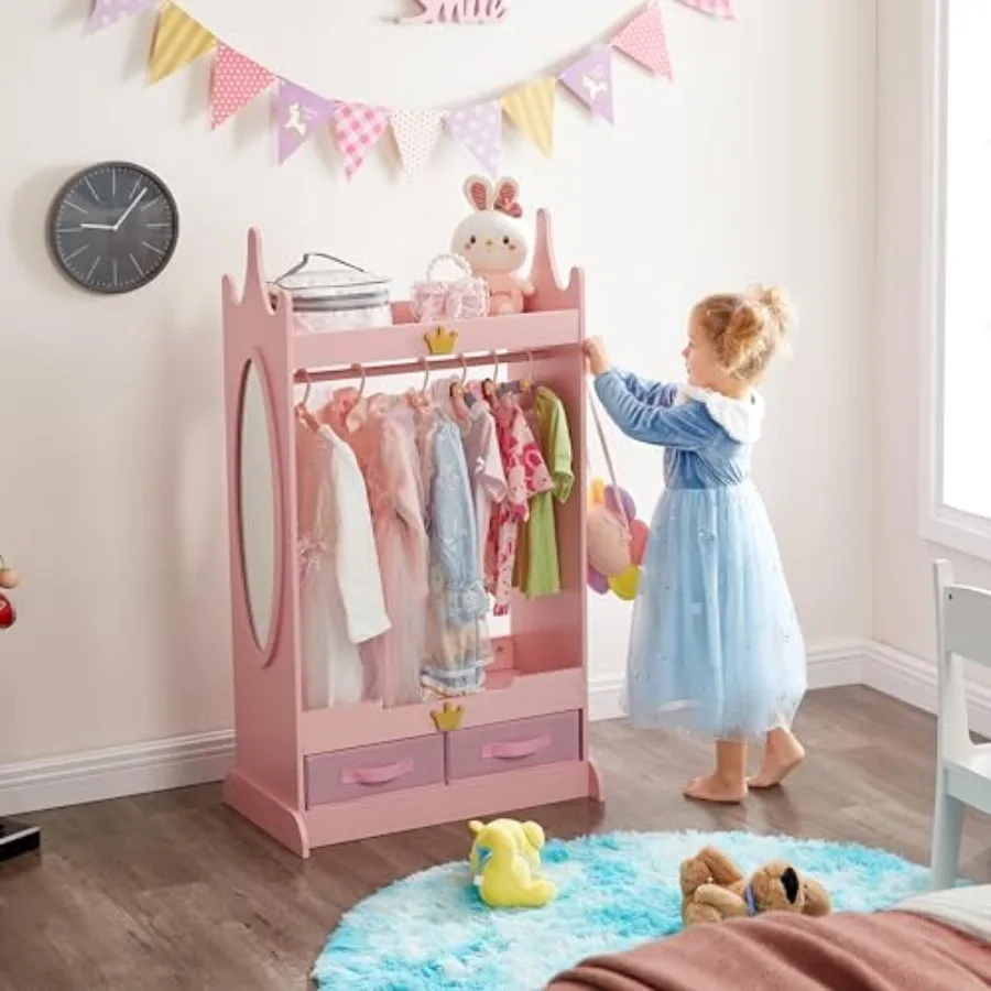 Pink Dress Up Storage Armoire with Full-Length Mirror and Non-Woven Drawers Open-Style Costume Closet with Adjustable Hanging R