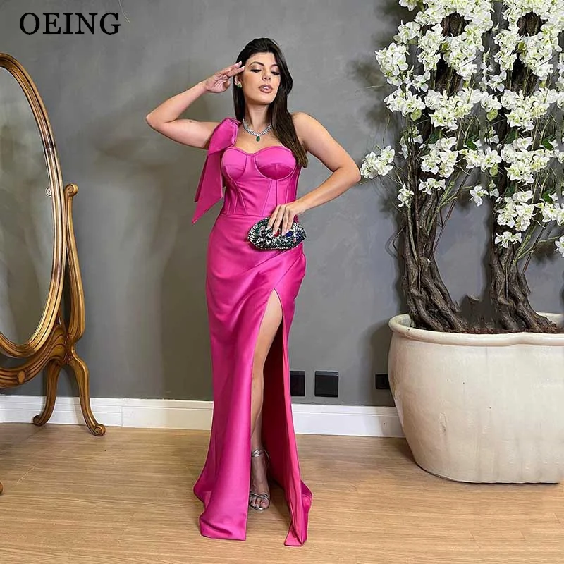 OEING-vestido De Noche fucsia con escote Corazón, traje elegante con tirantes y lazo, largo hasta el suelo, para baile De graduación, ocasión Formal