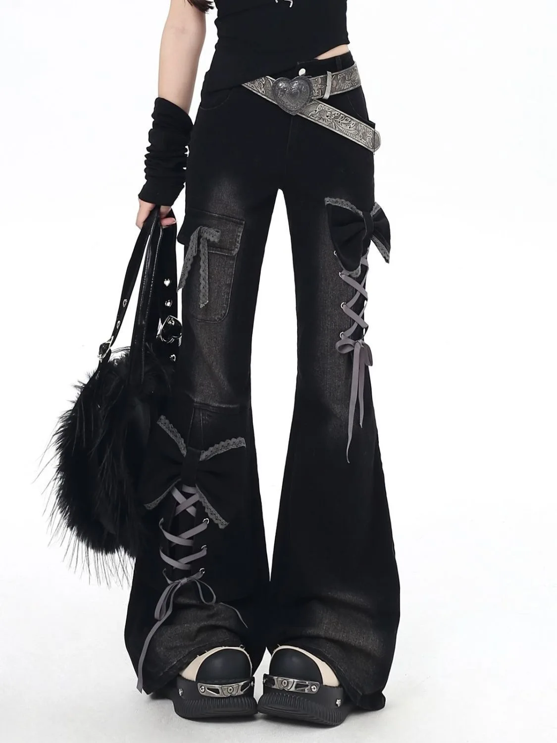 CHICATWILL Trendy Bootcut Denim Jeans For Women Japan Style Cute Bowtie Lacing Flared Pants Long Slim Skinny Trousers Black