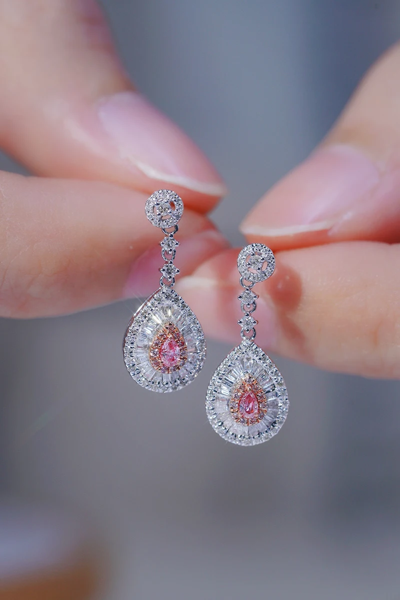 KUGG 100% 18K White Gold Earrings Elegant Style Real Natural Pink Diamond Drop Earrings for Women High Wedding Jewelry