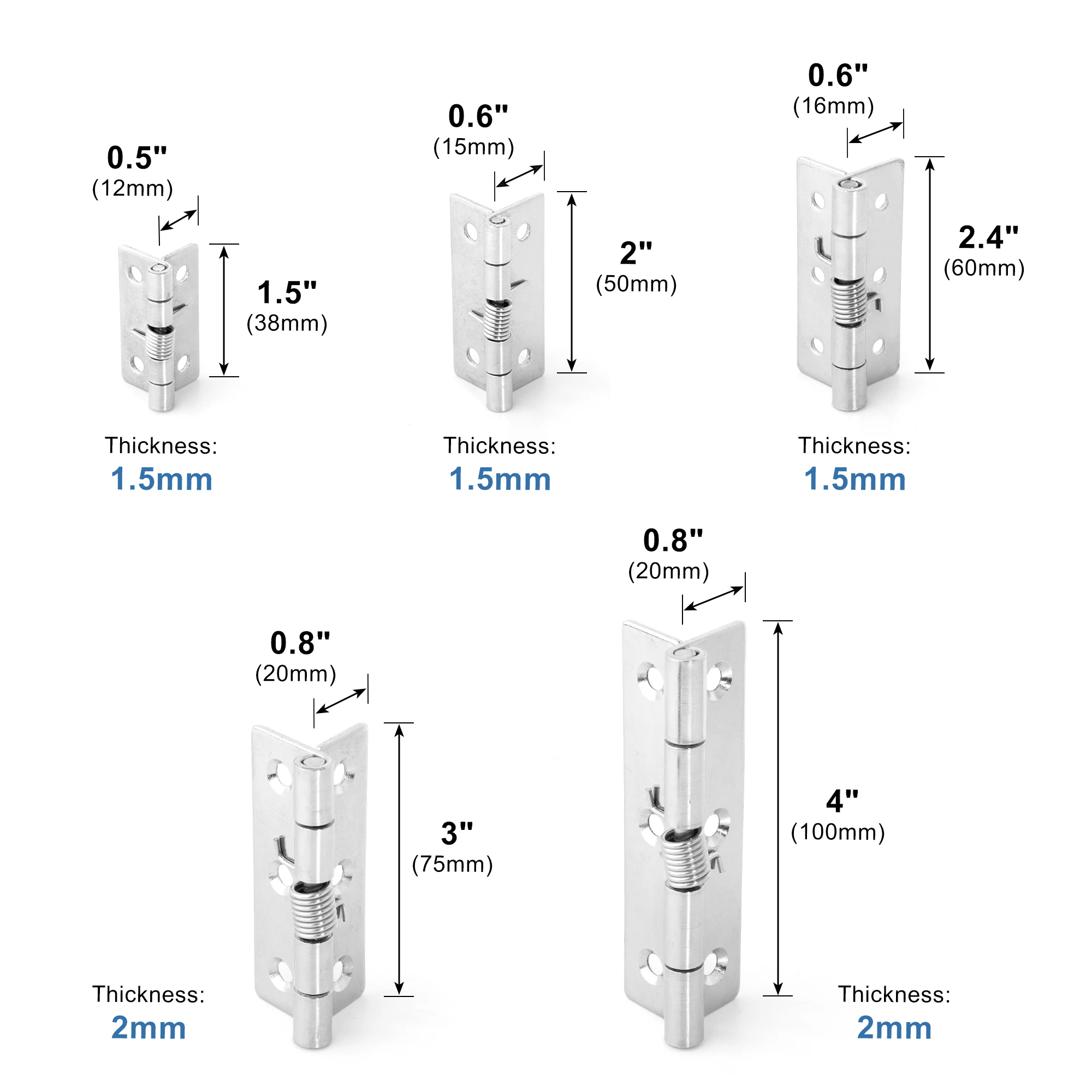 2PCS Stainless Steel Self Closing Spring Hinge 1.5/2/2.4/3/4Inch Furniture Metal Hinges for Cabinet Doors Jewelry Boxes