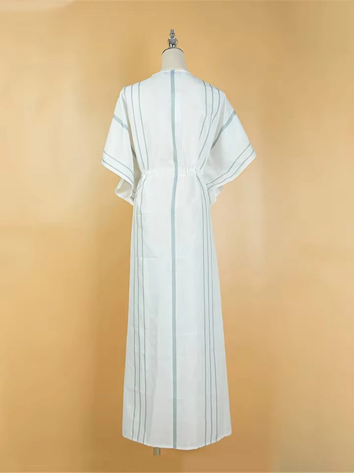 

Striped Short Sleeve Crochet Knitted Cardigan Tunic Beach Cover Up Cover-ups Beach Dress Beachwear Female Women Beach Wear V5768