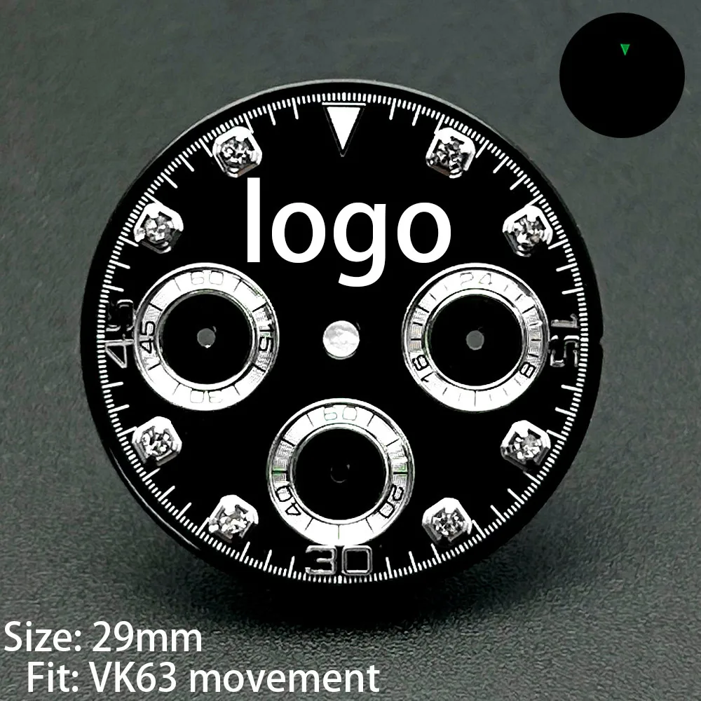 Custom 29mm VK63 Chronograph Watch Dial Green Luminous 6 Hands Personalized Quartz Movement Dial Fit 39mm Case Men Accessories