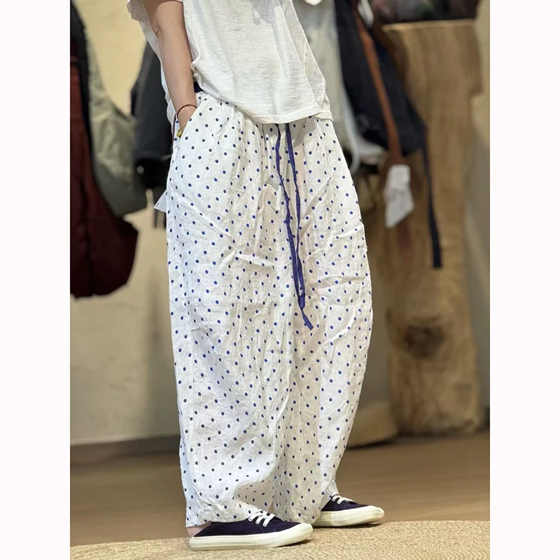 

Spring Summer New Arts Style Women Elastic Waist Loose Dot Print Pants All-matched Casual Good Quality Ramie Harem Pants BG04