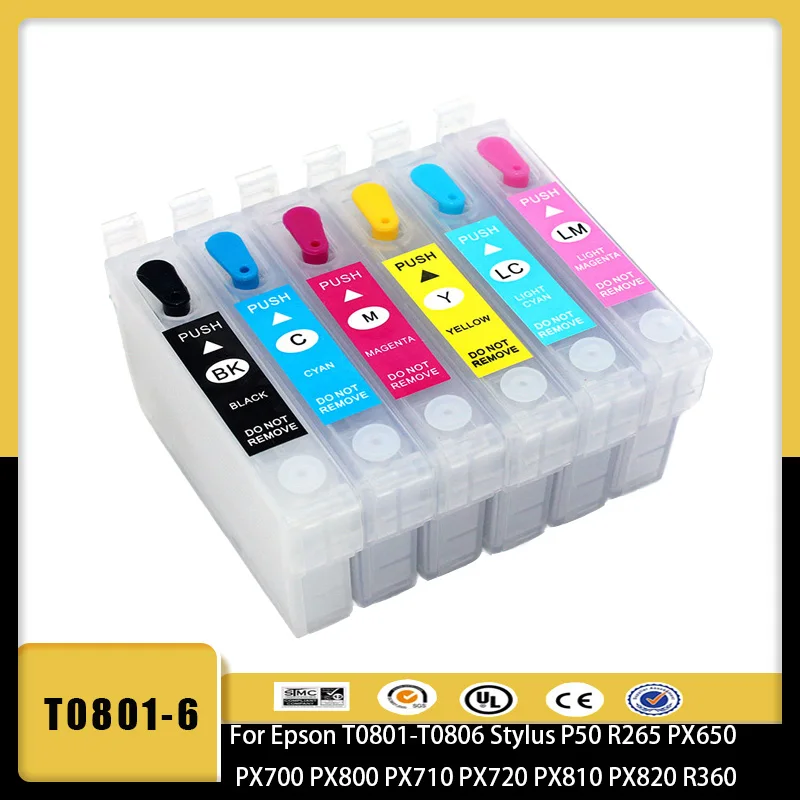 Vilaxh T0801 Refillable Ink Cartridge For Epson T0801-T0806 Stylus P50 R265 PX650 PX700 PX800 PX710 PX720 PX810 PX820 R360