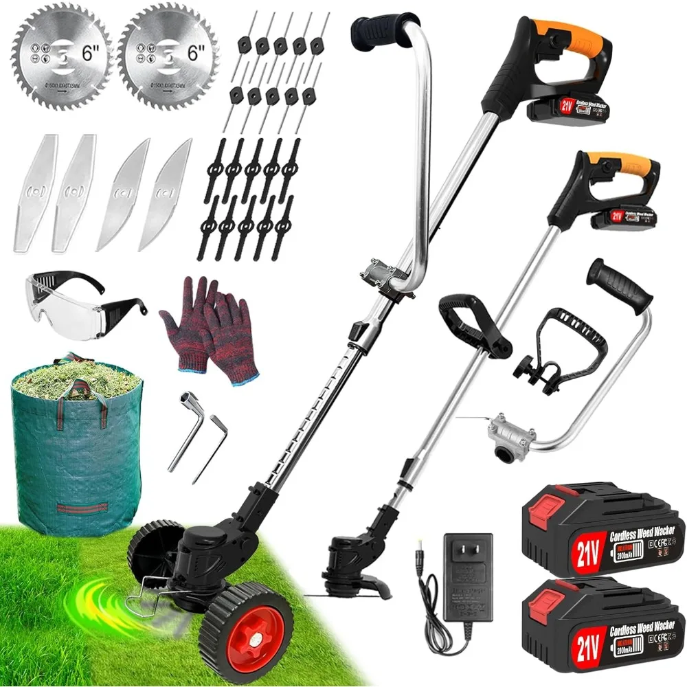 

Cordless Electric Weed Killer with 5 Types of Blades and Wheels, Battery Powered, 21V, 2Ah