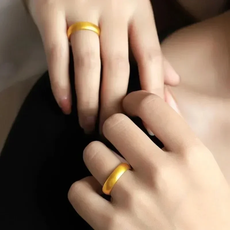 Goldpure Ancient Method Inheritance Ring 9999 24K Real Gold Frosted Closed Plain Ring Couple Ring