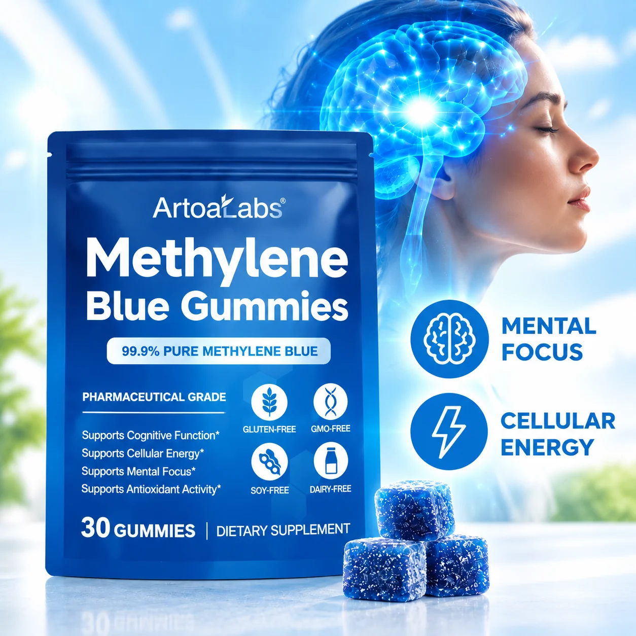 Methylene Blue Gummies Promote Mental Clarity Focus & Cellular Energy & Vitality 5mg USP Grade Trihydrate 30pcs for Mental Focus