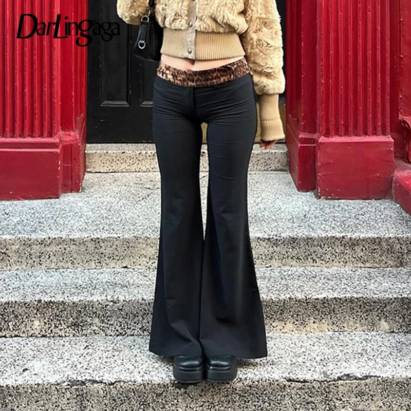 

Darlingaga Fashion Leopard Patched Skinny Low Rise Flare Pants Vintage Elegant Clubwear Party Full Length Trousers Boot Cut 2024