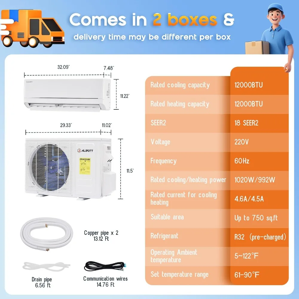 Mini Split AC & Heater 12000 BTU SEER2 18 208-230V Inverter Self-Cleaning Remote APP Control Easy Install 750 Sq.Ft, Custom