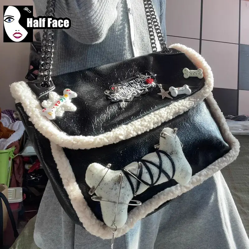 Y2K Girl Harajuku Gothic Women‘s Punk One Shoulder Lolita Winter Lamb Edge Large Capacity Chain Versatile Crossbody Bags Tote