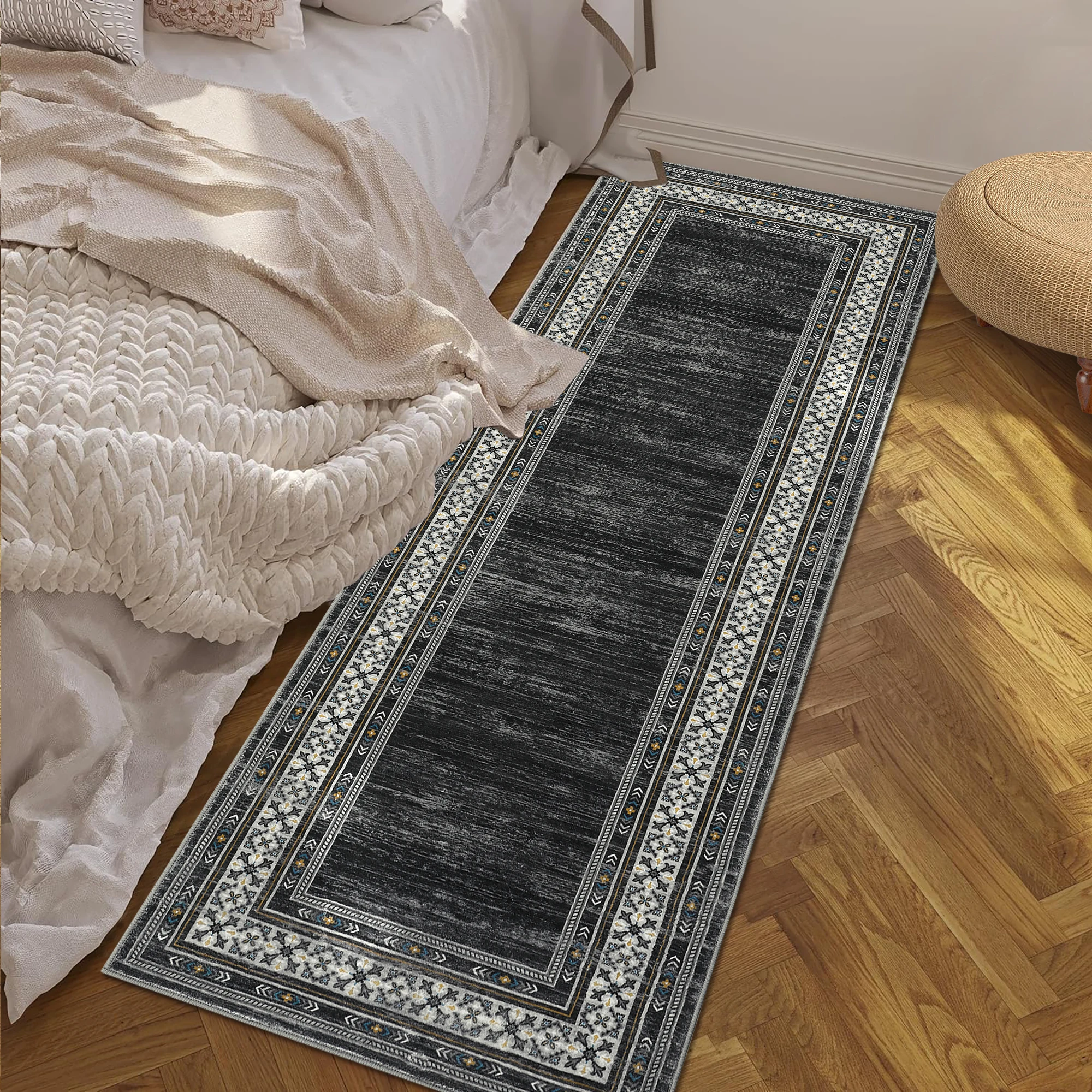 Modern Washable Area Rug - Soft Non-Slip Low Pile Geometric Edgeed Carpet for Living Room, Bedroom, Dining Room | Non-Shedding Ultra Thin Floor Mat, 2x6ft (Multiple Colors)
