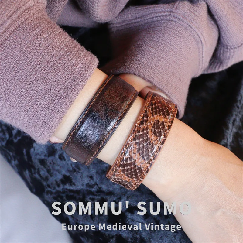 Ретро простой кожаный браслет со змеиной текстурой, широкая версия, открытый модный браслет на руку для женщин