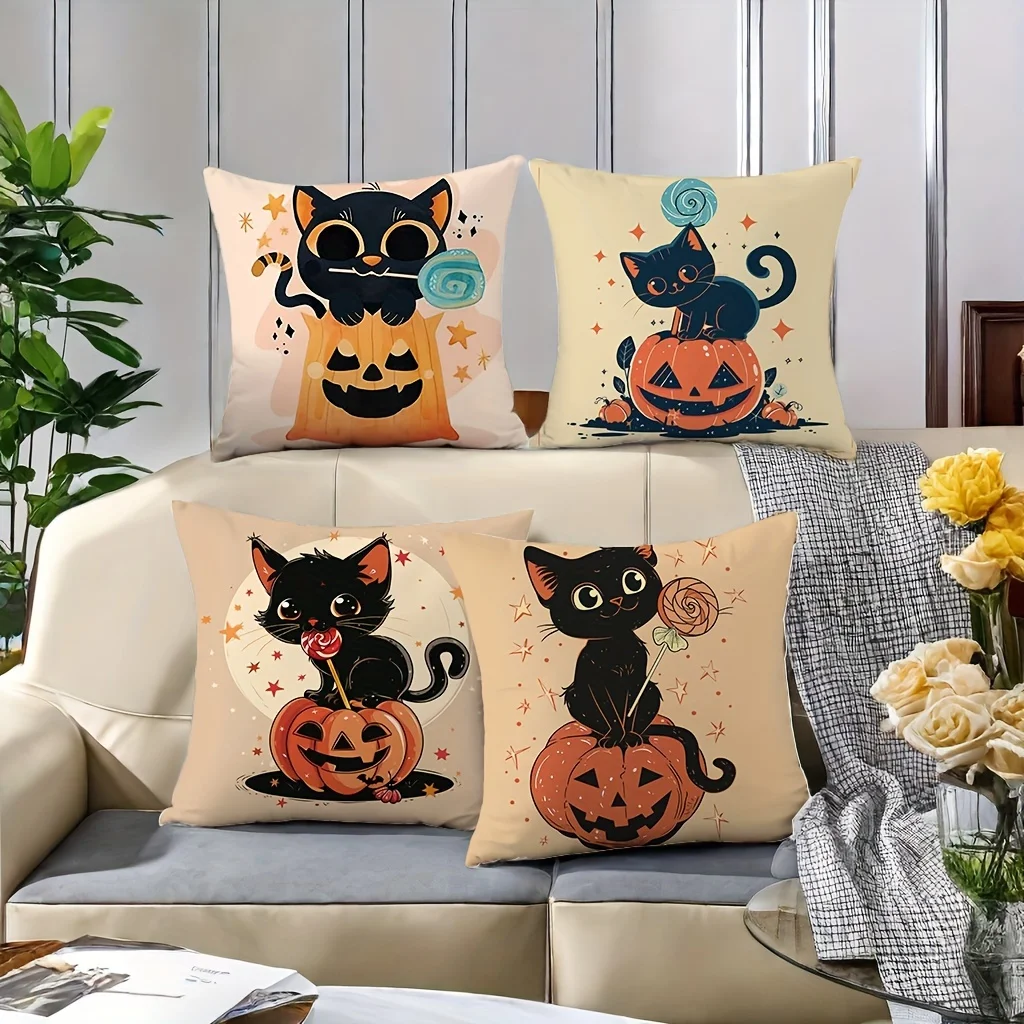Decorative Printed Pumpkin Cat Throw Pillow Covers Set of 4 Halloween Autumn Seasonal Cushions Accent Storage Decor Home Gift Su