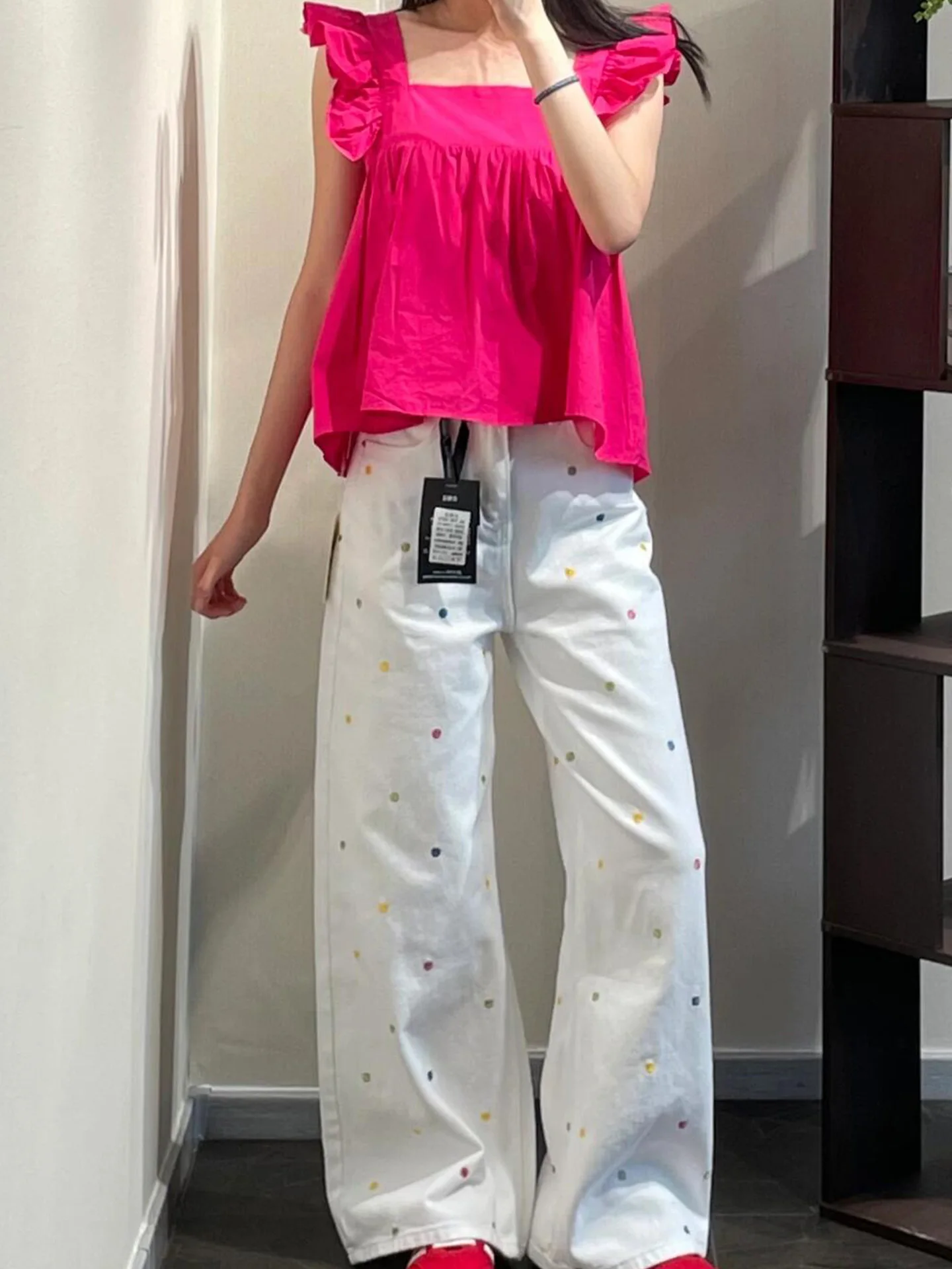 

2026 New White Polka Dot Embroidery Wide Leg Loose Fit Slimming Straight Floor Length Thin Denim Jeans High Waist Summer Ladies