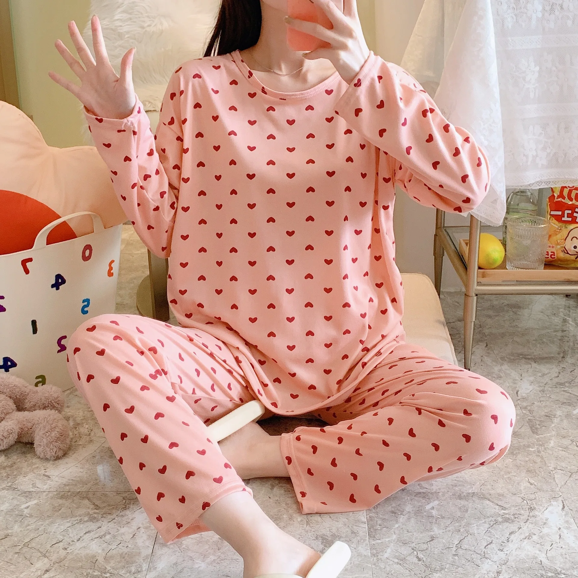 2PCS/Set Women\'s Clothes Spring and Fall Pajamas Long-Sleeved Cartoon Cute Sweet Floral Young Girl Homewear Outside Loungewear