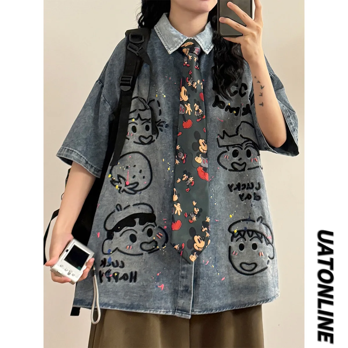 

UATONLINE Summer American Retro College Sle Boy Embroidered Distred Denim ort Sve irt Women's Loose Fit Street St...