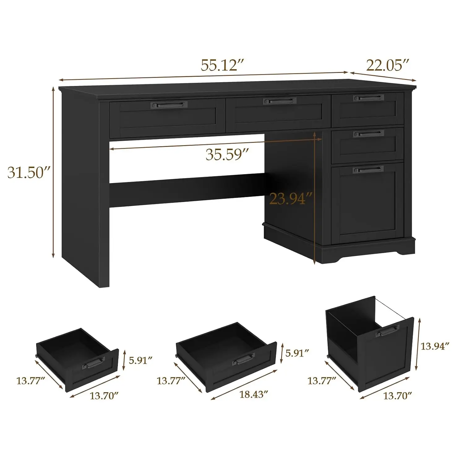 Farmhouse Executive Computer Desk with File Drawer & 4 Storage Drawers, 55