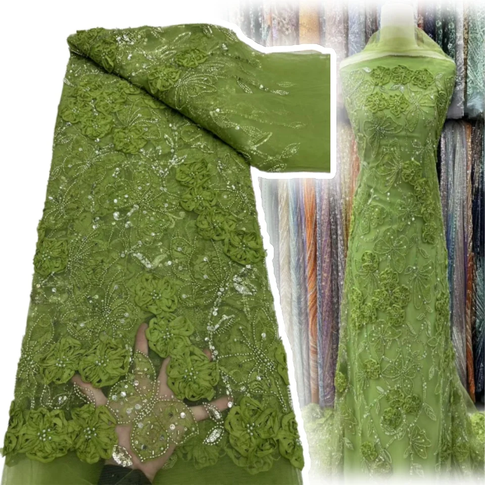 

Nigerian Fabric 5 Yards High Quality 2025 African Orange Fabric Luxury Beaded Fabric Luxury Beaded Lace for Dress AH1251