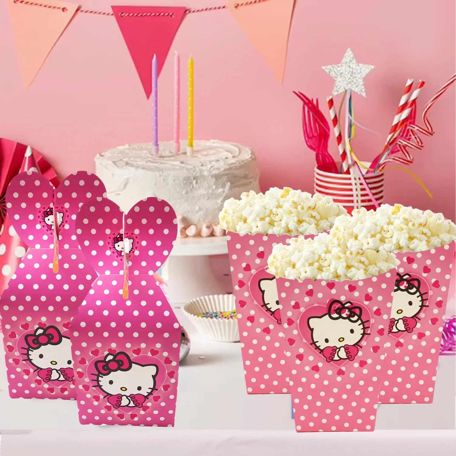 Caja de palomitas de Hello Kitty para decoración de fiesta de cumpleaños, caja de regalo de gato rosa, galletas, dulces de Chocolate, regalos para